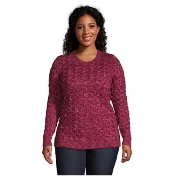 NWT Lands End Cable Knit Drifter Sweater in Marled Pink Crewneck Pullover - Picture 1 of 6